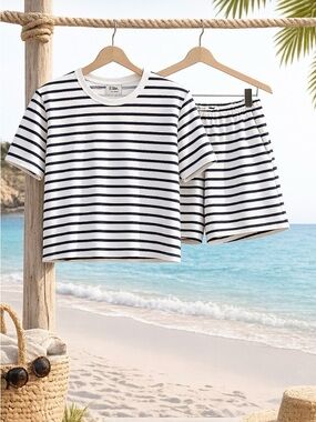 Elie Tahari Navy White Striped 2PC Set Scuba Knit Medium Boxy Tee Elastic Shorts